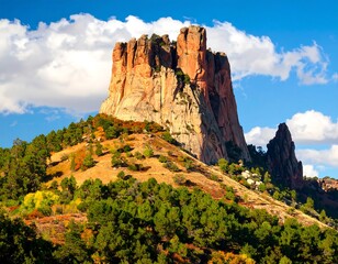Dramatic rock formation rising above colorful autumnal hills