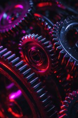 Close-up view of intricate metallic gears interlocked with vibrant purple and red lighting, showcasing the complexity of mechanical engineering and design in motion