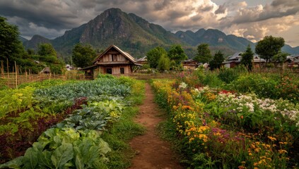 A rural village garden path with a mountain backdrop