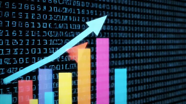 Financial data charts with glowing upward bar graphs and scrolling numbers.