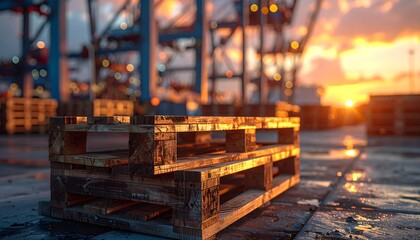 A weathered wooden pallet rests on a concrete dock at dawn. Industrial cranes rise into a vibrant, fiery sky