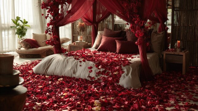 Romantic bedroom draped in red rose petals