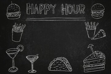 Chalk menu illustrating happy hour with food and drinks on blackboard, with copy space