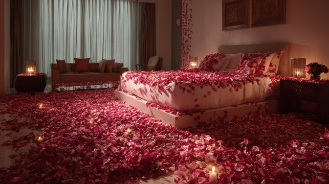 Romantic bedroom, rose petals cover floor & bed