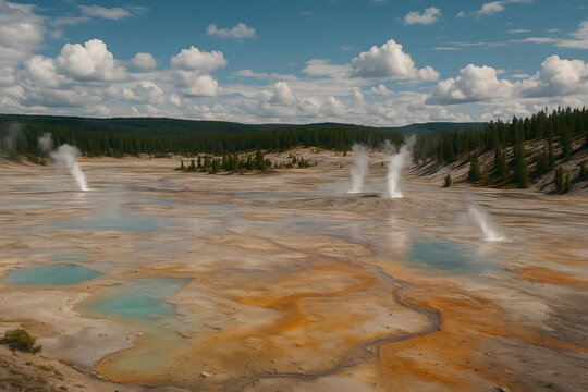 Geothermal landscape with steaming hot springs under blue sky, volcanic mineral terrain panorama, natural thermal activity in wilderness, dramatic earth geology, geothermal energy concept