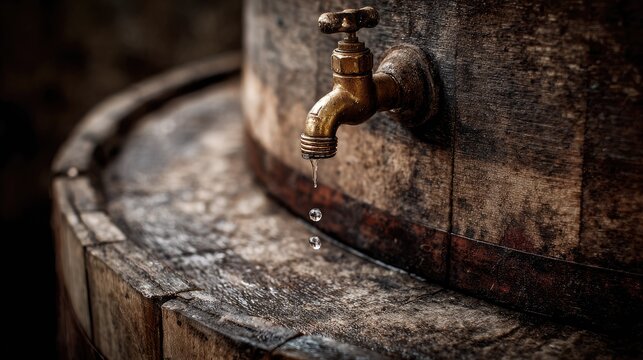 Water drips from a vintage wooden barrel tap