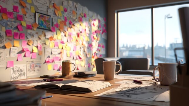 Busy creative workspace with sticky notes