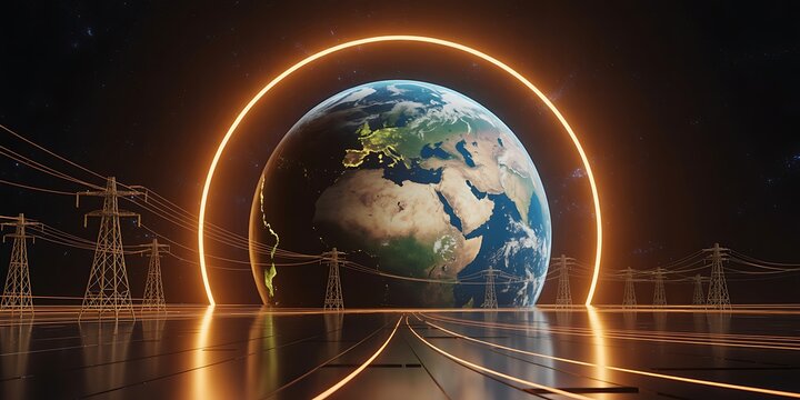 Earth encircled by a glowing energy ring with illuminated continents and electricity pylons representing global power and sustainability - Powered by Adobe