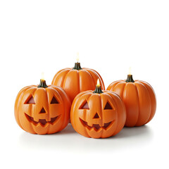 Group of four carved pumpkin candles with glowing flames isolated on white background
