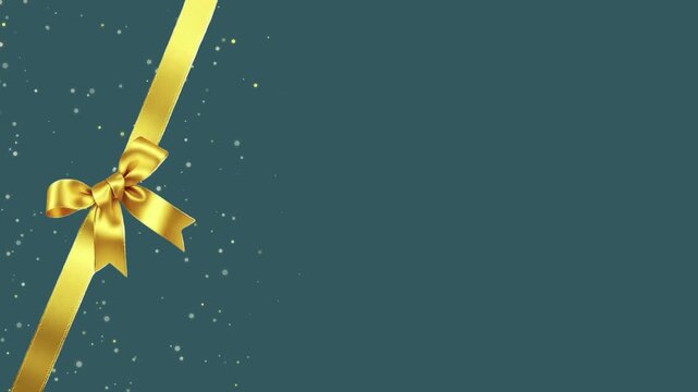 Gold ribbon bow with floating white particles, stars on dark green background. Christmas card concept,  blank space for your own text.