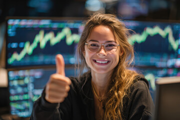 Confident Female Trader Smiling with Thumbs Up in Front of Rising Stock Charts