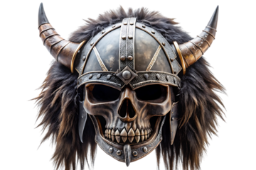 Viking skull helmet with fur and horns graphic design cutout PNG isolated on a transparent background
