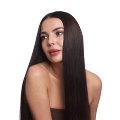 Woman with beautiful smooth hair after lamination procedure on white background