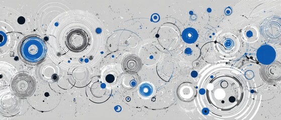 Abstract design with concentric circles, shades of gray, and pops of blue