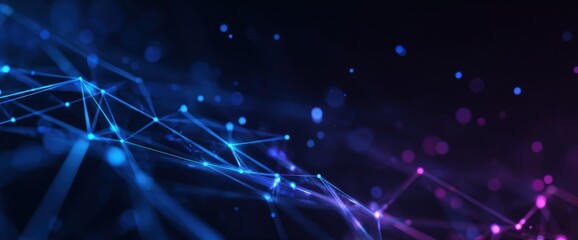 Abstract network of interconnected lines and points in vibrant blue and purple hues against a dark background
