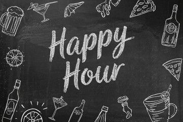 Chalk menu featuring Happy Hour with cocktails, pizza, and drinks  