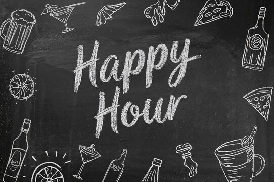 Chalk menu featuring Happy Hour with cocktails, pizza, and drinks  