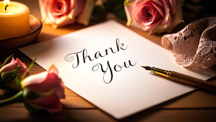 "Thank you" written on a piece of paper against a romantic background.