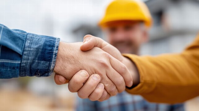 Two construction workers shake hands, sealing a deal on the building site, ready to start a new project.