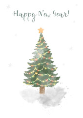 Watercolor Christmas greeting card with decorated fir tree, star topper and festive lights. Happy New Year text, snowy background, holiday winter illustration, seasonal design, vector template
