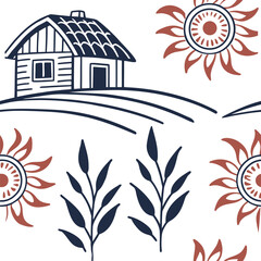 Vector illustration of a village hut and paddy field inspired mandala pattern vector