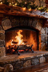 Cozy Rustic Stone Fireplace with Festive Christmas Lights