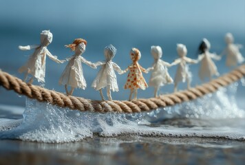 Delicate handmade dolls walking a rope over ocean waves, symbolizing unity, friendship, and global connection, perfect for heartwarming projects