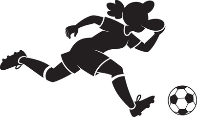 Woman soccer player silhouette kicking ball, female footballer outline action pose