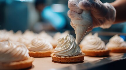 First-Person View of Piping Cream onto Pastry in Bakery Kitchen