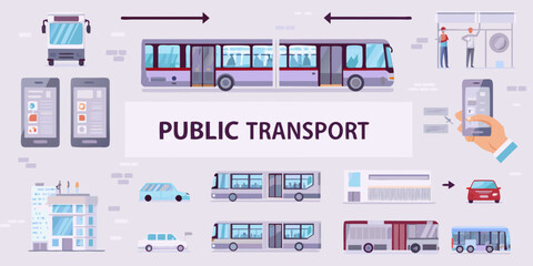 Collection of public transport vehicles and related services in a flat design illustration