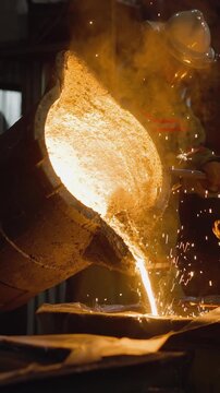 Industrial foundry workers pouring molten metal from a large ladle