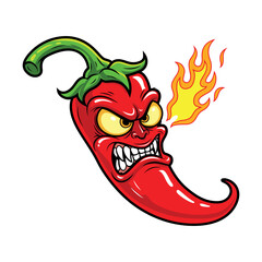 Cartoon red chili pepper with angry face and flame