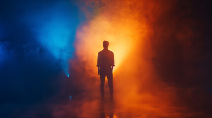 Dramatic silhouette of singer in stage fog with contrasting blue and orange lights