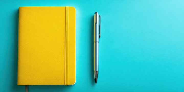 The Notebook and Pen on Bright Blue Background for Office and Creativity