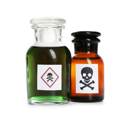 Bottles of poison with warning sign isolated on white