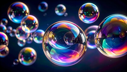 Naklejka premium Colorful soap bubbles in motion against a dark background