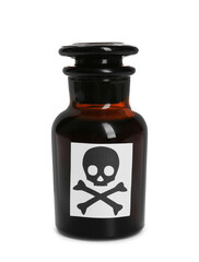 Bottle of poison with warning sign isolated on white