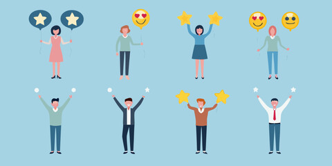 Diverse group of people celebrating success holding stars and balloons with positive emojis
