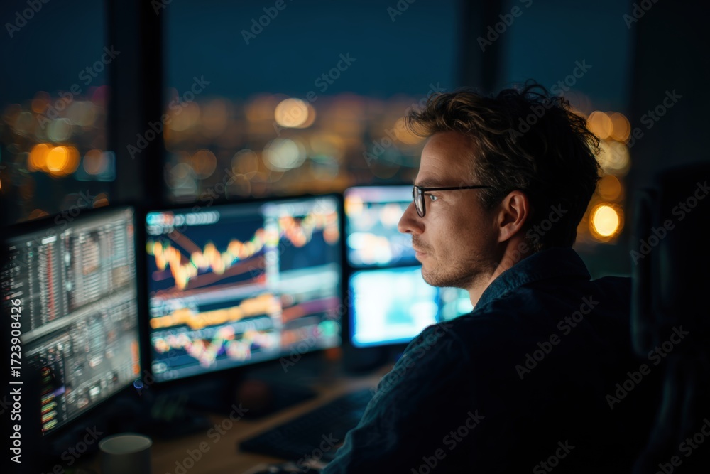 Poster focused trader analyzing financial charts on multiple screens in modern office