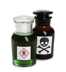 Bottles of poison with warning sign isolated on white