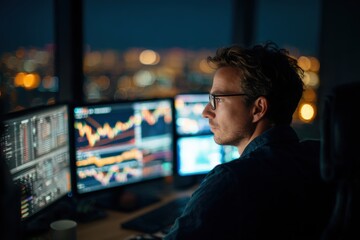Focused Trader Analyzing Financial Charts on Multiple Screens in Modern Office