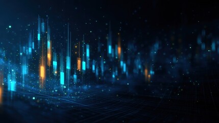 Futuristic 3D Background with Glowing Candlestick Charts in Dark Blue Space