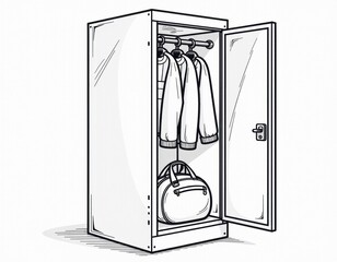 Open Locker with Sports Clothes and Gym Bag Line Art