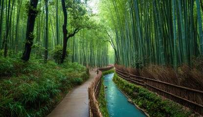 Lush bamboo forest pathway