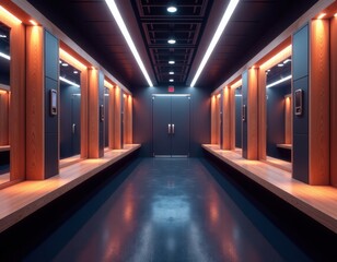 Modern Empty Locker Room Interior with Wooden Benches and Sleek Design.