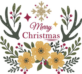 Christmas card with the inscription "Merry Christmas." Reindeer antlers and floral ornament. Simple graphics. Flat vector. Decorative composition with antlers. Antlers, flowers, and greenery.,