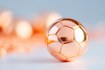 Fototapeta premium A striking highgloss gold metallic soccer ball resting on a pristine white background symbolizing victory success and premium sports equipment