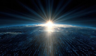 Digital sunrise over a planet