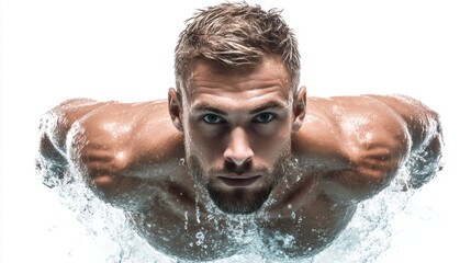 Close-up of a muscular man swimming, captured with water splashing around him.