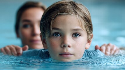 A young boy gets swimming lessons in a clear blue pool with a woman's help.